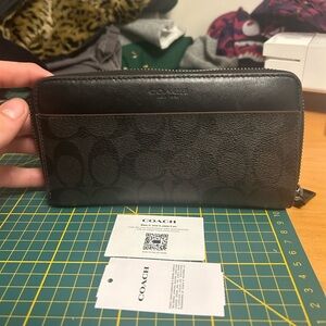 Coach monogram leather and canvas accordion wallet in black and grey